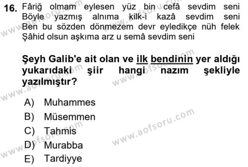 XVIII. Yüzyıl Türk Edebiyatı Dersi 2022 - 2023 Yılı (Final) Dönem Sonu Sınavı 16. Soru