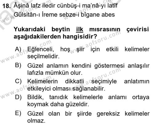 XVIII. Yüzyıl Türk Edebiyatı Dersi 2022 - 2023 Yılı (Final) Dönem Sonu Sınavı 18. Soru