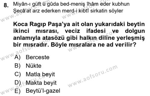 XVIII. Yüzyıl Türk Edebiyatı Dersi 2022 - 2023 Yılı (Final) Dönem Sonu Sınavı 8. Soru
