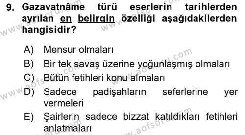 XVIII. Yüzyıl Türk Edebiyatı Dersi 2022 - 2023 Yılı (Final) Dönem Sonu Sınavı 9. Soru