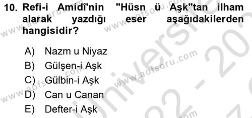 XVIII. Yüzyıl Türk Edebiyatı Dersi 2022 - 2023 Yılı Yaz Okulu Sınavı 10. Soru