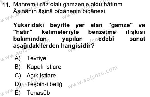 XVIII. Yüzyıl Türk Edebiyatı Dersi 2022 - 2023 Yılı Yaz Okulu Sınavı 11. Soru