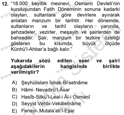 XVIII. Yüzyıl Türk Edebiyatı Dersi 2022 - 2023 Yılı Yaz Okulu Sınavı 12. Soru