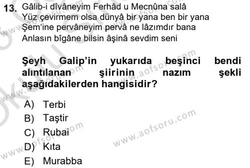 XVIII. Yüzyıl Türk Edebiyatı Dersi 2022 - 2023 Yılı Yaz Okulu Sınavı 13. Soru