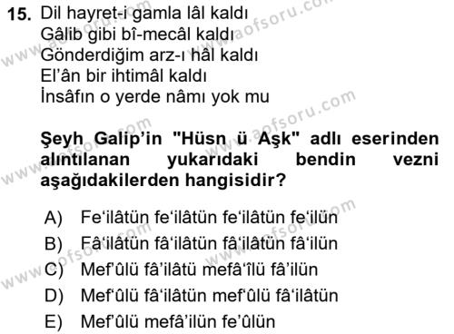 XVIII. Yüzyıl Türk Edebiyatı Dersi 2022 - 2023 Yılı Yaz Okulu Sınavı 15. Soru