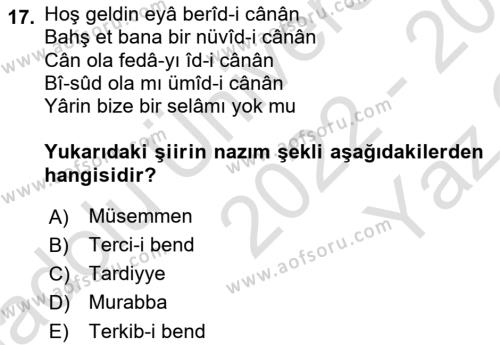 XVIII. Yüzyıl Türk Edebiyatı Dersi 2022 - 2023 Yılı Yaz Okulu Sınavı 17. Soru