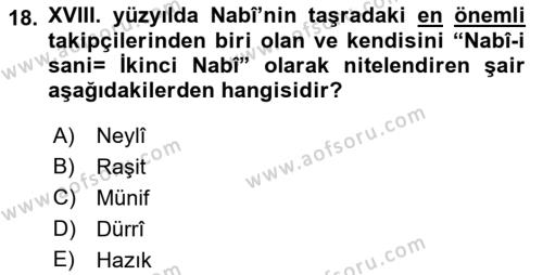 XVIII. Yüzyıl Türk Edebiyatı Dersi 2022 - 2023 Yılı Yaz Okulu Sınavı 18. Soru