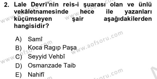 XVIII. Yüzyıl Türk Edebiyatı Dersi 2022 - 2023 Yılı Yaz Okulu Sınavı 2. Soru