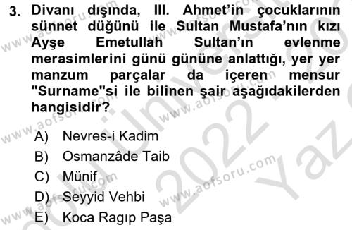 XVIII. Yüzyıl Türk Edebiyatı Dersi 2022 - 2023 Yılı Yaz Okulu Sınavı 3. Soru