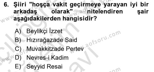 XVIII. Yüzyıl Türk Edebiyatı Dersi 2022 - 2023 Yılı Yaz Okulu Sınavı 6. Soru