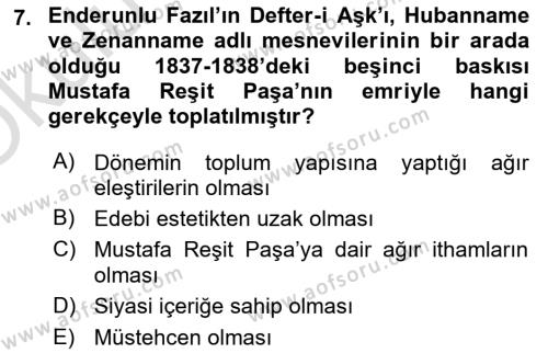 XVIII. Yüzyıl Türk Edebiyatı Dersi 2022 - 2023 Yılı Yaz Okulu Sınavı 7. Soru