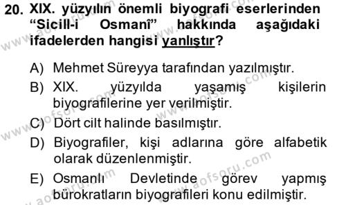 XIX. Yüzyıl Türk Edebiyatı Dersi 2014 - 2015 Yılı Tek Ders Sınavı 20. Soru