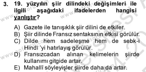 XIX. Yüzyıl Türk Edebiyatı Dersi 2014 - 2015 Yılı Tek Ders Sınavı 3. Soru