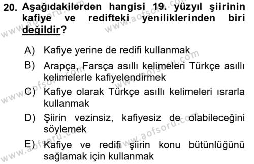 XIX. Yüzyıl Türk Edebiyatı Dersi 2016 - 2017 Yılı (Vize) Ara Sınavı 20. Soru