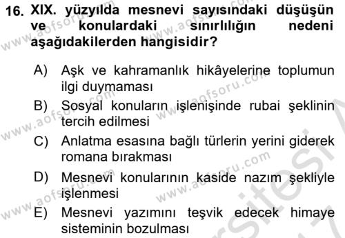 XIX. Yüzyıl Türk Edebiyatı Dersi 2016 - 2017 Yılı (Final) Dönem Sonu Sınavı 16. Soru