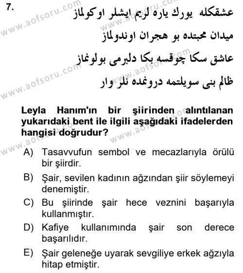 XIX. Yüzyıl Türk Edebiyatı Dersi 2016 - 2017 Yılı (Final) Dönem Sonu Sınavı 7. Soru