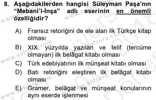 XIX. Yüzyıl Türk Edebiyatı Dersi 2017 - 2018 Yılı (Final) Dönem Sonu Sınavı 8. Soru