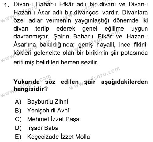 XIX. Yüzyıl Türk Edebiyatı Dersi 2018 - 2019 Yılı 3 Ders Sınavı 1. Soru