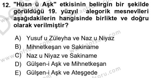 XIX. Yüzyıl Türk Edebiyatı Dersi 2018 - 2019 Yılı 3 Ders Sınavı 12. Soru