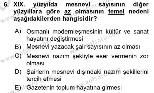 XIX. Yüzyıl Türk Edebiyatı Dersi 2018 - 2019 Yılı 3 Ders Sınavı 6. Soru