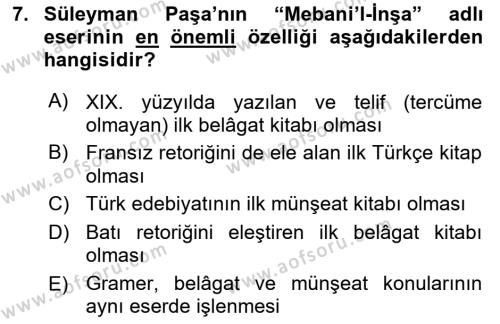 XIX. Yüzyıl Türk Edebiyatı Dersi 2018 - 2019 Yılı 3 Ders Sınavı 7. Soru