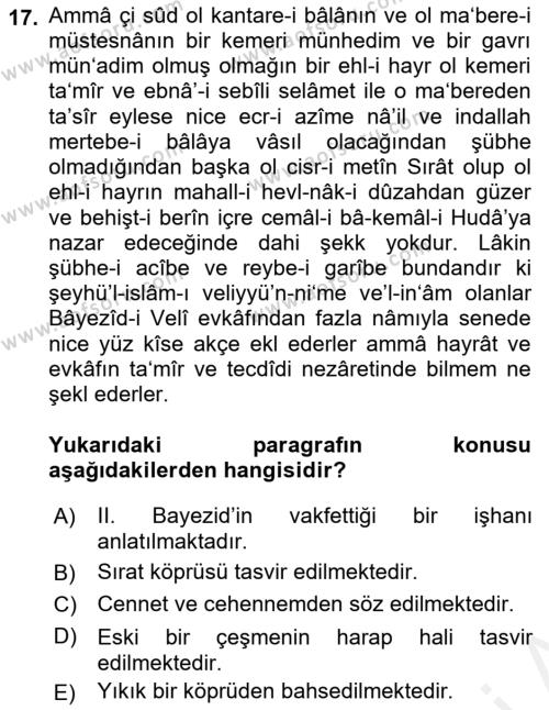 XIX. Yüzyıl Türk Edebiyatı Dersi 2018 - 2019 Yılı (Final) Dönem Sonu Sınavı 17. Soru