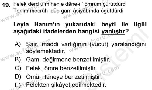 XIX. Yüzyıl Türk Edebiyatı Dersi 2018 - 2019 Yılı (Final) Dönem Sonu Sınavı 19. Soru