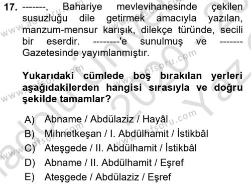 XIX. Yüzyıl Türk Edebiyatı Dersi 2020 - 2021 Yılı Yaz Okulu Sınavı 17. Soru