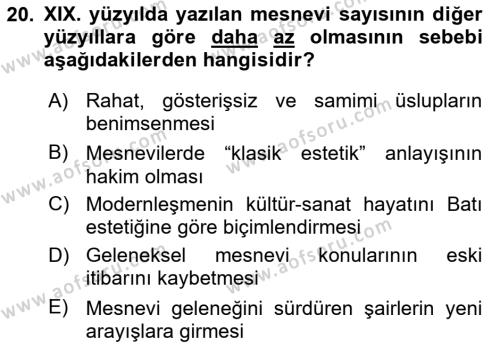 XIX. Yüzyıl Türk Edebiyatı Dersi 2020 - 2021 Yılı Yaz Okulu Sınavı 20. Soru