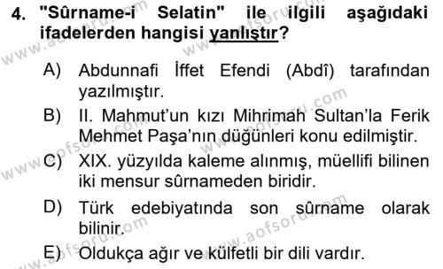 XIX. Yüzyıl Türk Edebiyatı Dersi 2020 - 2021 Yılı Yaz Okulu Sınavı 4. Soru