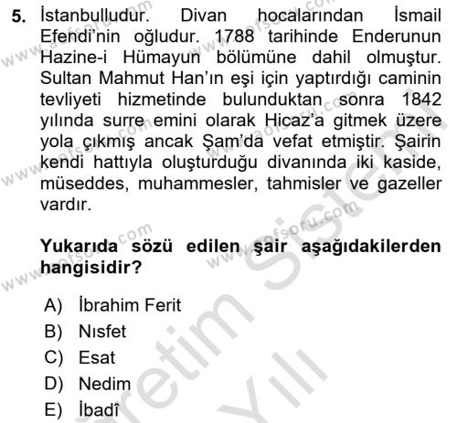 XIX. Yüzyıl Türk Edebiyatı Dersi 2020 - 2021 Yılı Yaz Okulu Sınavı 5. Soru