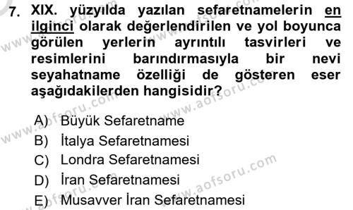 XIX. Yüzyıl Türk Edebiyatı Dersi 2020 - 2021 Yılı Yaz Okulu Sınavı 7. Soru