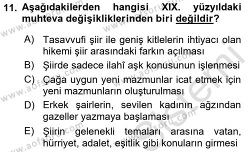 XIX. Yüzyıl Türk Edebiyatı Dersi 2021 - 2022 Yılı Yaz Okulu Sınavı 11. Soru