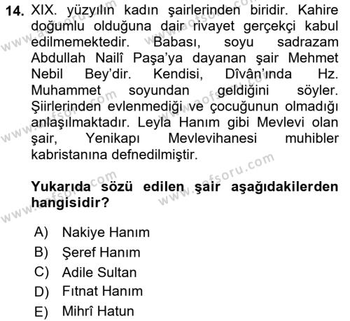 XIX. Yüzyıl Türk Edebiyatı Dersi 2021 - 2022 Yılı Yaz Okulu Sınavı 14. Soru