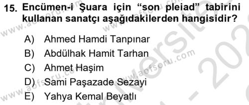 XIX. Yüzyıl Türk Edebiyatı Dersi 2021 - 2022 Yılı Yaz Okulu Sınavı 15. Soru