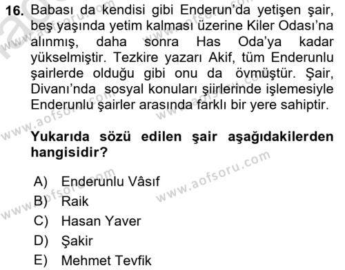 XIX. Yüzyıl Türk Edebiyatı Dersi 2021 - 2022 Yılı Yaz Okulu Sınavı 16. Soru