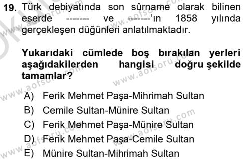 XIX. Yüzyıl Türk Edebiyatı Dersi 2021 - 2022 Yılı Yaz Okulu Sınavı 19. Soru