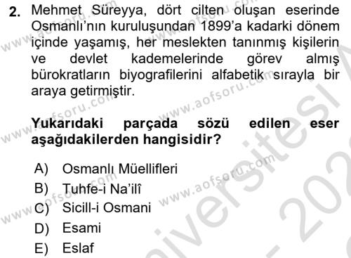 XIX. Yüzyıl Türk Edebiyatı Dersi 2021 - 2022 Yılı Yaz Okulu Sınavı 2. Soru