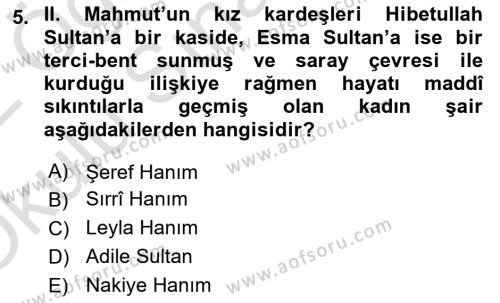 XIX. Yüzyıl Türk Edebiyatı Dersi 2021 - 2022 Yılı Yaz Okulu Sınavı 5. Soru