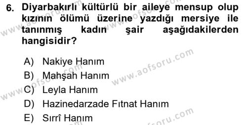 XIX. Yüzyıl Türk Edebiyatı Dersi 2021 - 2022 Yılı Yaz Okulu Sınavı 6. Soru