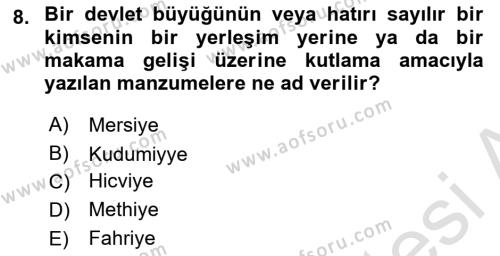 XIX. Yüzyıl Türk Edebiyatı Dersi 2021 - 2022 Yılı Yaz Okulu Sınavı 8. Soru