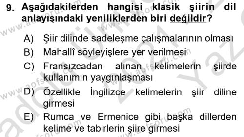 XIX. Yüzyıl Türk Edebiyatı Dersi 2021 - 2022 Yılı Yaz Okulu Sınavı 9. Soru