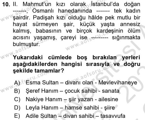 XIX. Yüzyıl Türk Edebiyatı Dersi 2022 - 2023 Yılı Yaz Okulu Sınavı 10. Soru