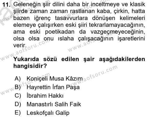 XIX. Yüzyıl Türk Edebiyatı Dersi 2022 - 2023 Yılı Yaz Okulu Sınavı 11. Soru