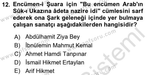 XIX. Yüzyıl Türk Edebiyatı Dersi 2022 - 2023 Yılı Yaz Okulu Sınavı 12. Soru