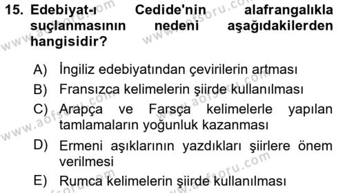 XIX. Yüzyıl Türk Edebiyatı Dersi 2022 - 2023 Yılı Yaz Okulu Sınavı 15. Soru