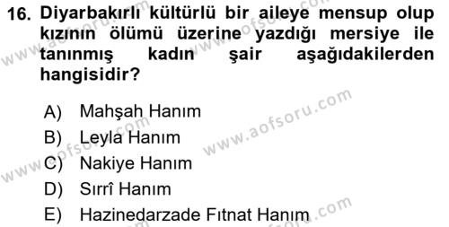 XIX. Yüzyıl Türk Edebiyatı Dersi 2022 - 2023 Yılı Yaz Okulu Sınavı 16. Soru
