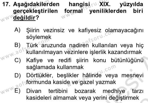 XIX. Yüzyıl Türk Edebiyatı Dersi 2022 - 2023 Yılı Yaz Okulu Sınavı 17. Soru