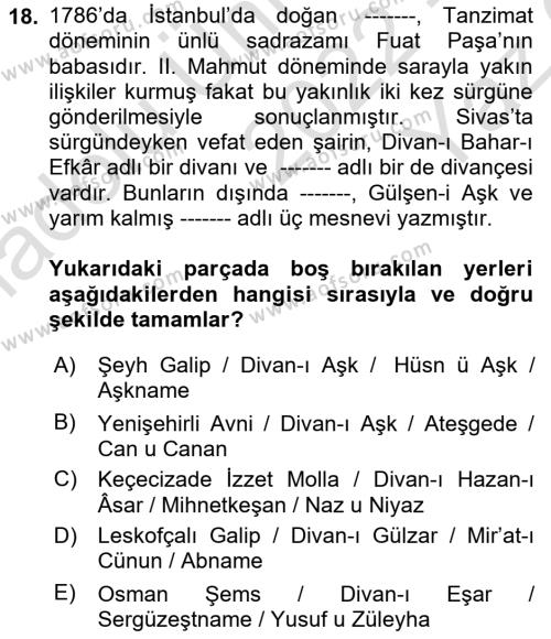 XIX. Yüzyıl Türk Edebiyatı Dersi 2022 - 2023 Yılı Yaz Okulu Sınavı 18. Soru