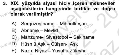 XIX. Yüzyıl Türk Edebiyatı Dersi 2022 - 2023 Yılı Yaz Okulu Sınavı 3. Soru